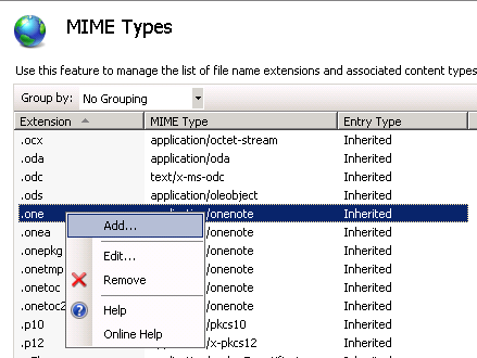 IIS Manager Mimetypes Panel